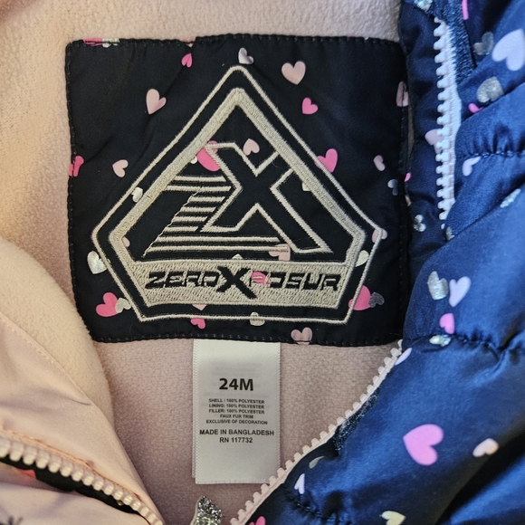 ZeroXposur Kids Puffer Jacket - Navy with Pink Hearts - Picture 2 of 3
